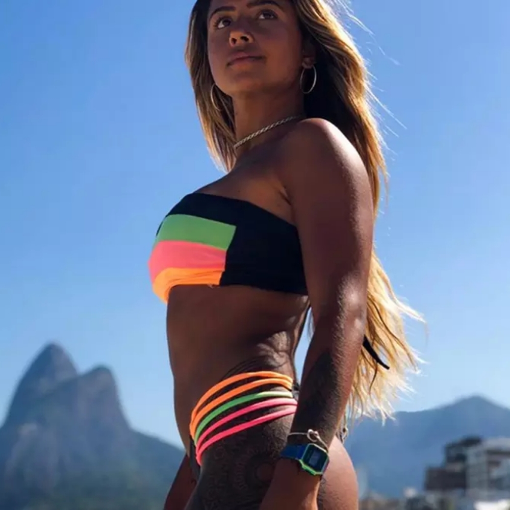 Colorful Panels Bandeau Top Thong Back Bikini Set - Picture 4 of 7